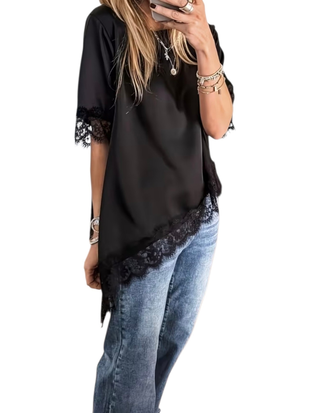 Black Satin Lace Trim Asymmetrical Tunic XXL Y2K Romantic Whimsigoth Date Night